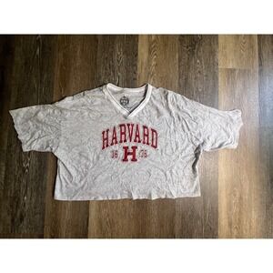 Harvard University Cropped T-Shirt Womens Large Gray V-Neck Collegiate Graphic